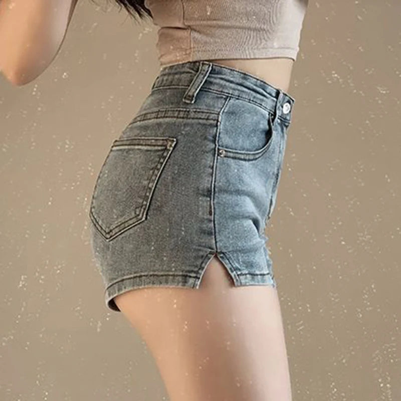 Korean Denim Shorts Women Side Split Blue Sexy Low Waist Skinny Shorts Fashion Harajuku Y2K High Street Basic Summer Jeans