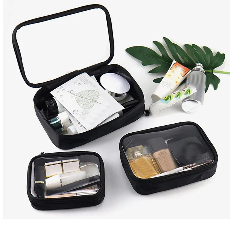 Black Transparent Travel Cosmetic Bag Fashion Waterproof TPU Toiletry Bag New Makeup Storage Bag Clear Zipper Cosmetic Bag