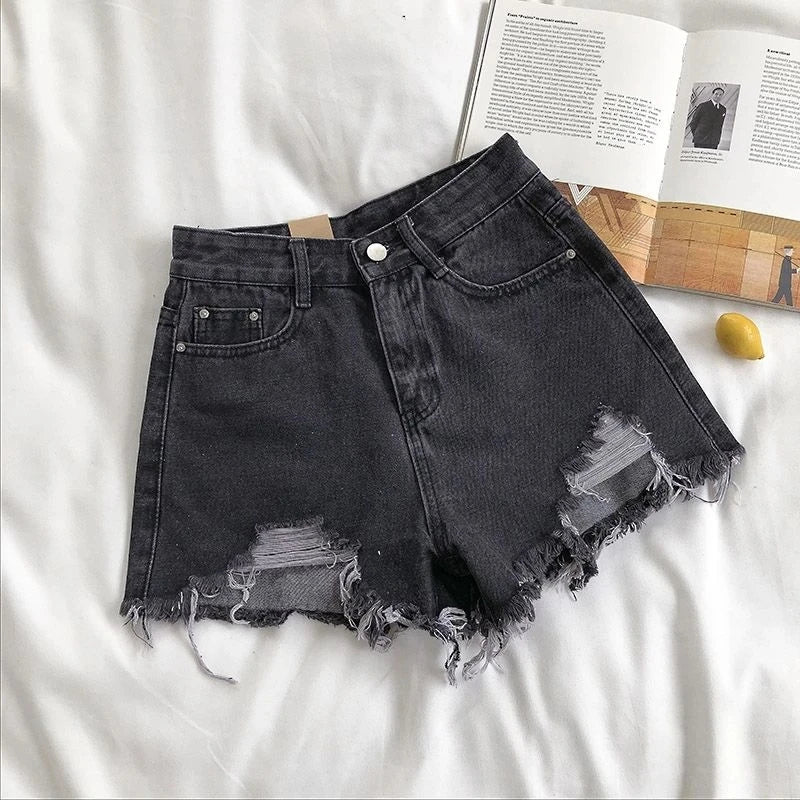 Cowboy Shorts Women's Summer High Waist Casual Denim Shorts Pocket Tassel Perforated Fashion Shorts Female