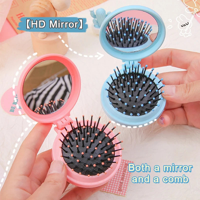 Folding Air Bag Comb With Mirror Compact Pocket Size Portable Travel Hair Brush Cosmetic Mirror Head Massager Relax Massage Comb