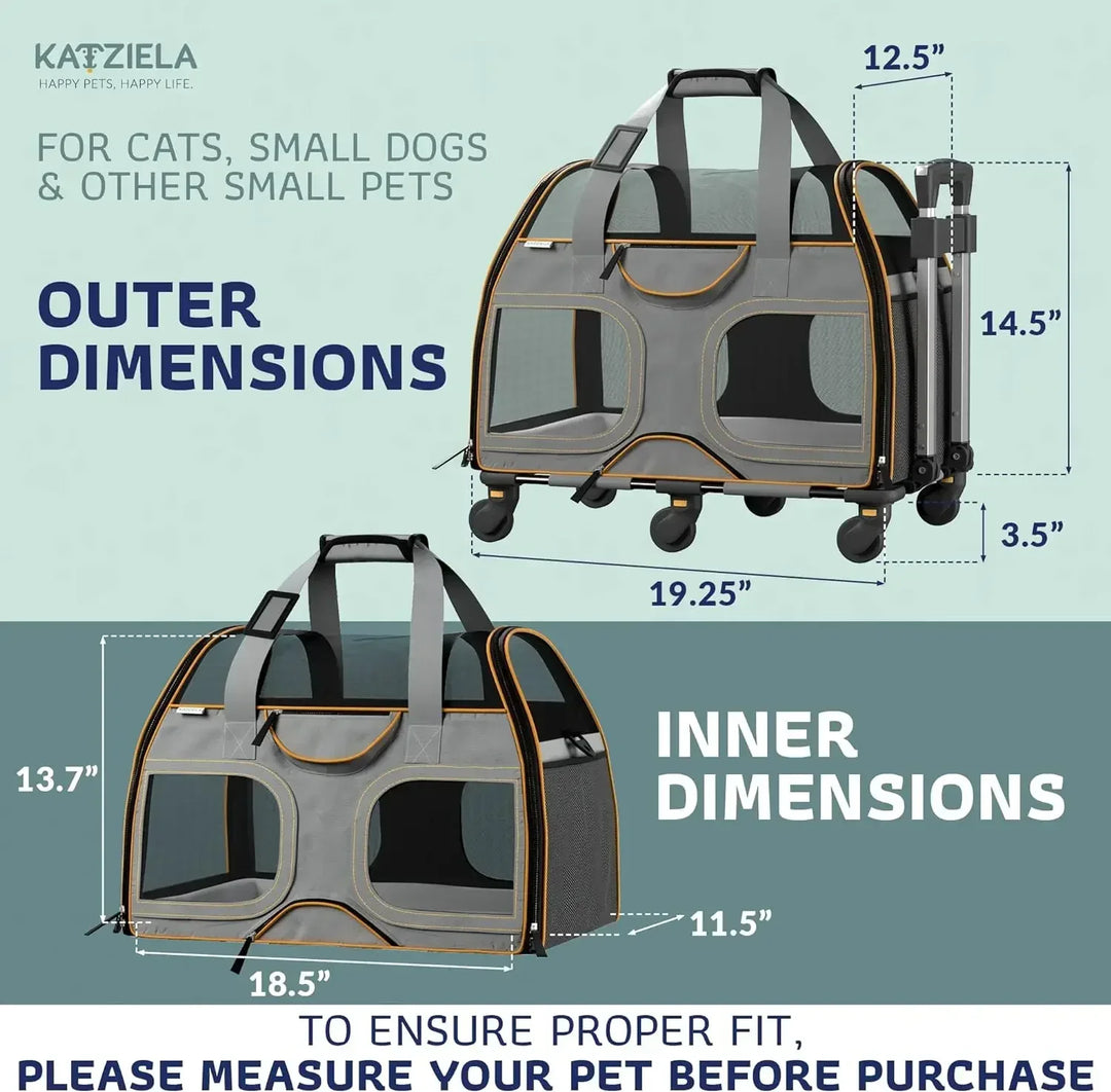 Katziela Rolling Pet Carrier - Airline Compliant with Removable Wheels - TSA Approved for Small Dogs and