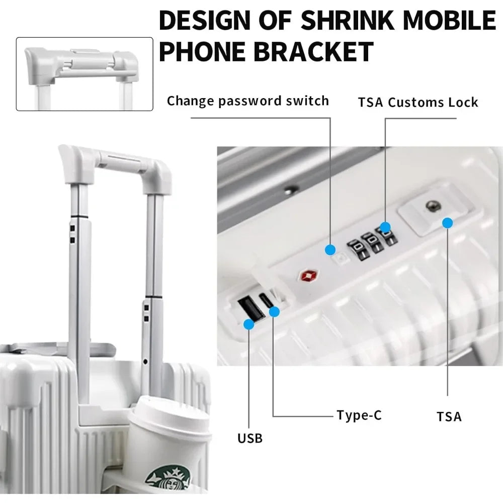 Suitcase，Carry On Luggage with Cup Holder and Usb PortAluminum Frame Front Compartment TSA Lock  22x14x9 Airline Approved