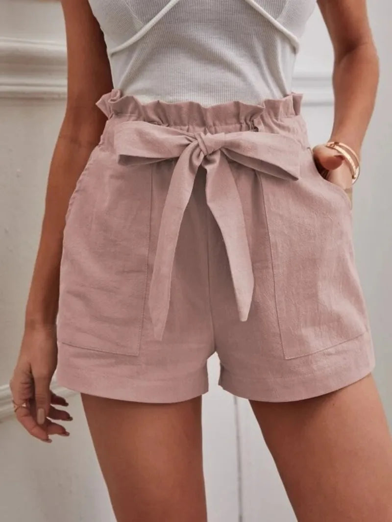 Europe and America Cross border New Summer Women's Loose Linen Casual Shorts Pockets Solid Large High Waist Wide Leg Pants