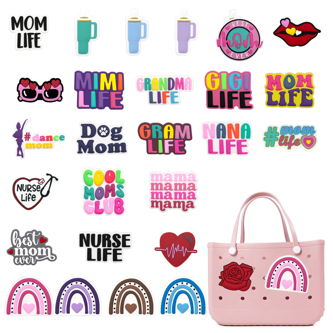 1pcs Rainbow Heart Charms For Beach Bag Accessories Mom Lift Handbag Decoration Rose Red Lips Drinks Beach Tote Bag