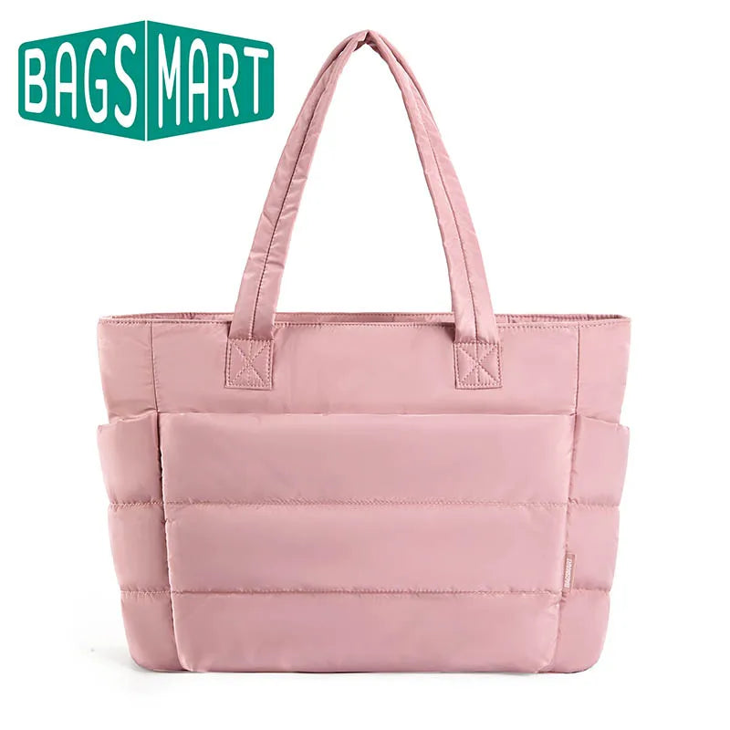 BAGSMART Big Square Cotton Padded Tote Bag Pink Female Quilting Puffy Shoulder Shopper Purse Simple Daily Handbag Women's Bags