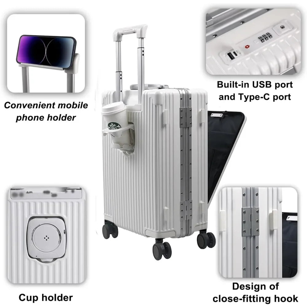 Suitcase，Carry On Luggage with Cup Holder and Usb PortAluminum Frame Front Compartment TSA Lock  22x14x9 Airline Approved