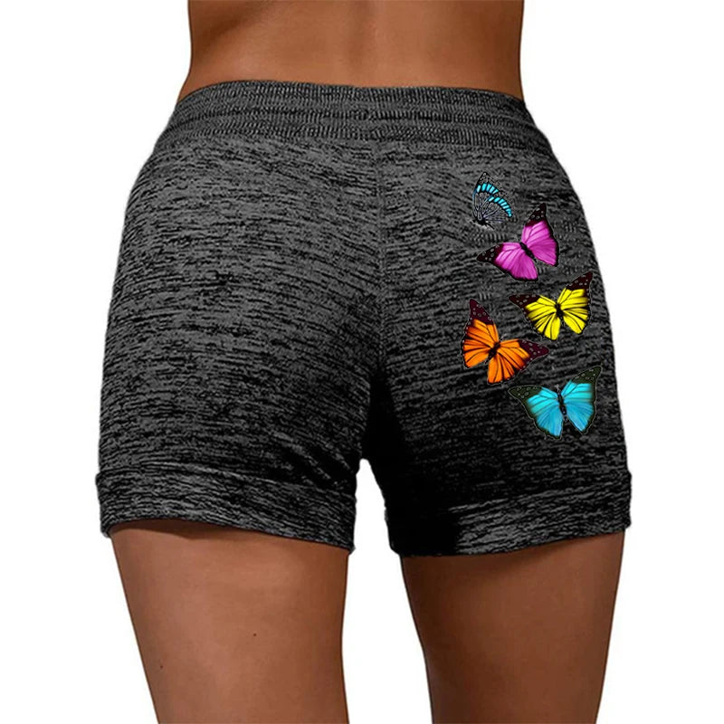 Plus Size Women Summer Outdoor Sports Pants Casual High Waisted  Drawstring Shorts Ladies Fashion Butterfly Printed Yoga Shorts