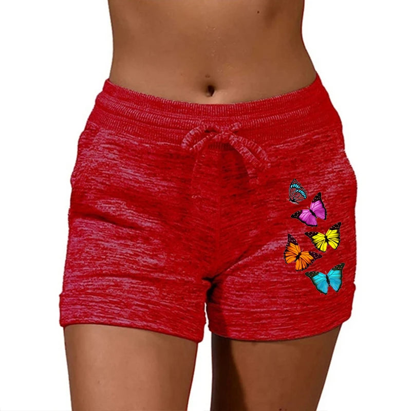 Plus Size Women Summer Outdoor Sports Pants Casual High Waisted  Drawstring Shorts Ladies Fashion Butterfly Printed Yoga Shorts