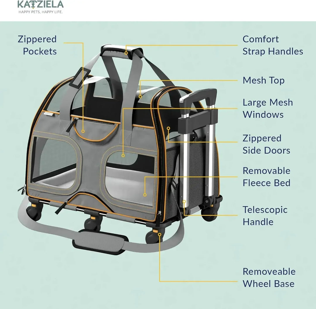 Katziela Rolling Pet Carrier - Airline Compliant with Removable Wheels - TSA Approved for Small Dogs and