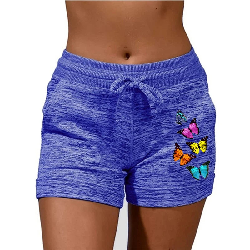 Plus Size Women Summer Outdoor Sports Pants Casual High Waisted  Drawstring Shorts Ladies Fashion Butterfly Printed Yoga Shorts