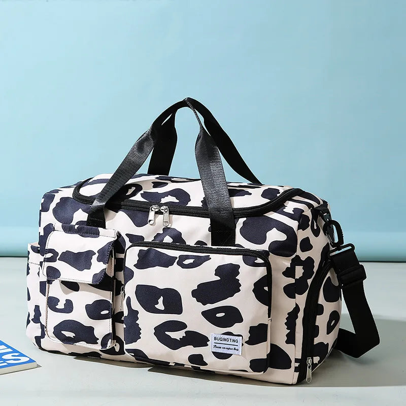 New Leopard Pattern Travel Duffle Bag Nylon Large Capacity Sports Gym Bag with Swim Wash Bag Weekend Overnight Luggage Bag