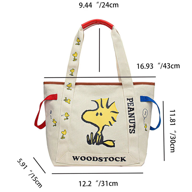 MINISO Disney Cartoon Snoopy Large Capacity Canvas Bag Student Handbag Shoulder Bag Cute Print Tote Bag