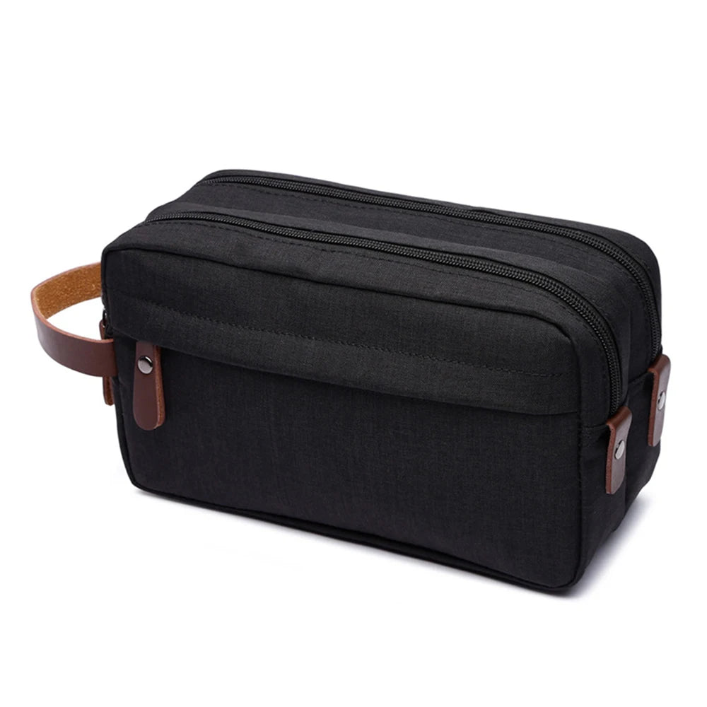 New Casual Canvas Cosmetic Bag with Leather Handle Travel Men Wash Shaving Women Toiletry Storage Waterproof Organizer Bag 2023