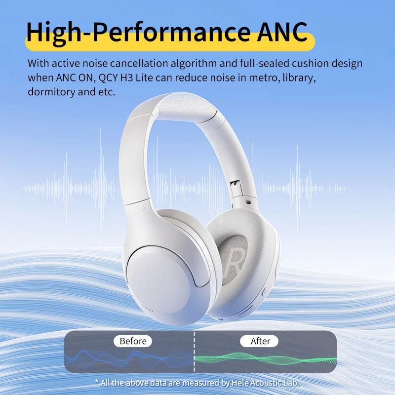 QCY H3 Lite ANC Wireless Headphones Active Noise Cancelling Over Ear Headset Bluetooth 5.3 Earphones 40mm Driver HiFi Sound 60H