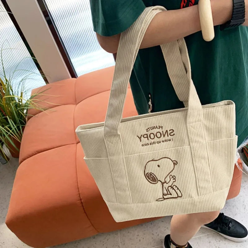 Kawaii Snoopy Embroidery Corduroy Handbags Casual Zipper Large Capacity Tote Bags Unisex Chic Solid Shoulder Bags For Women