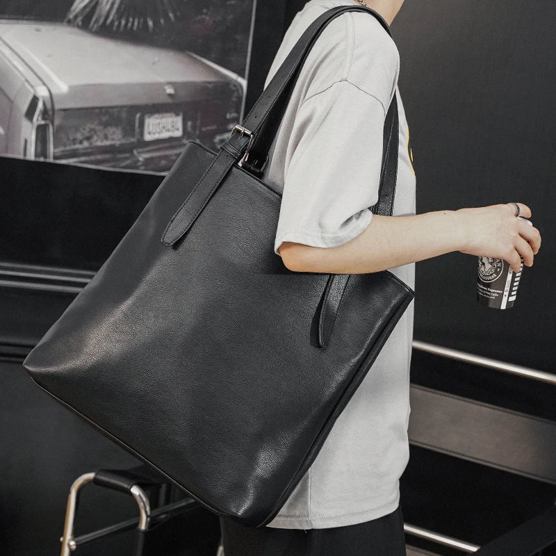 Soft Leather Tote Bag for Men Japanese Korea Style Business Casual Street Handbag Male Large Capacity Zipper Laptop Underam Bags