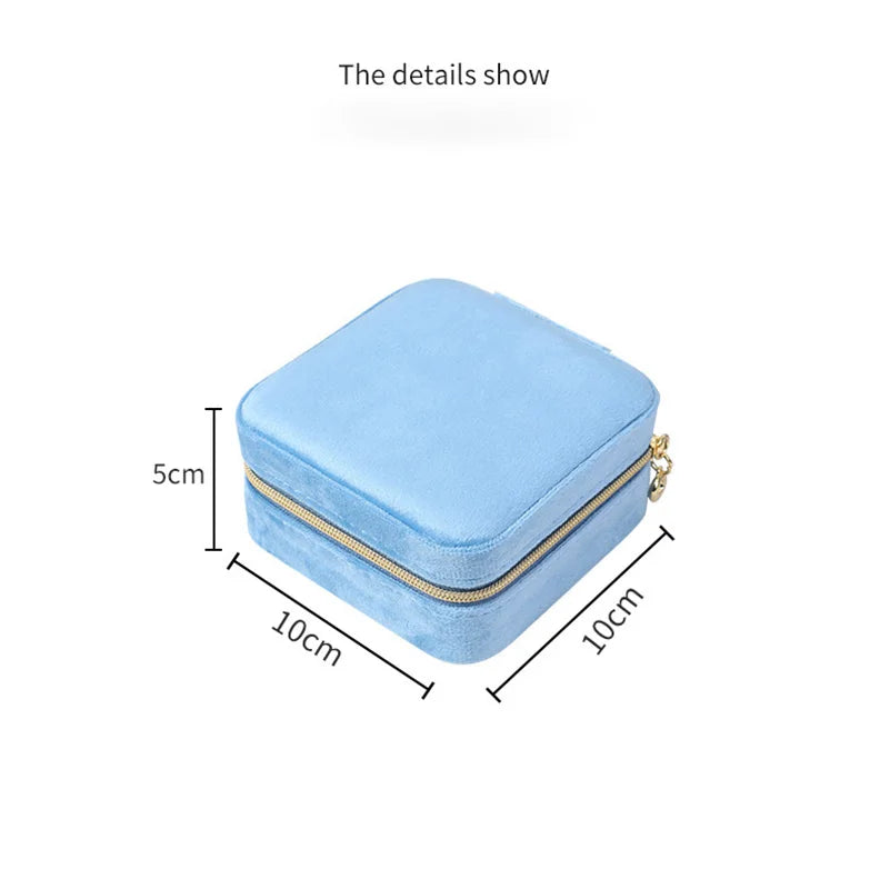 Plush Velvet Jewelry Box For Women Necklace Ring Earrings Organizer Holder Travel Portable Zipper Square Jewelry Storage Case