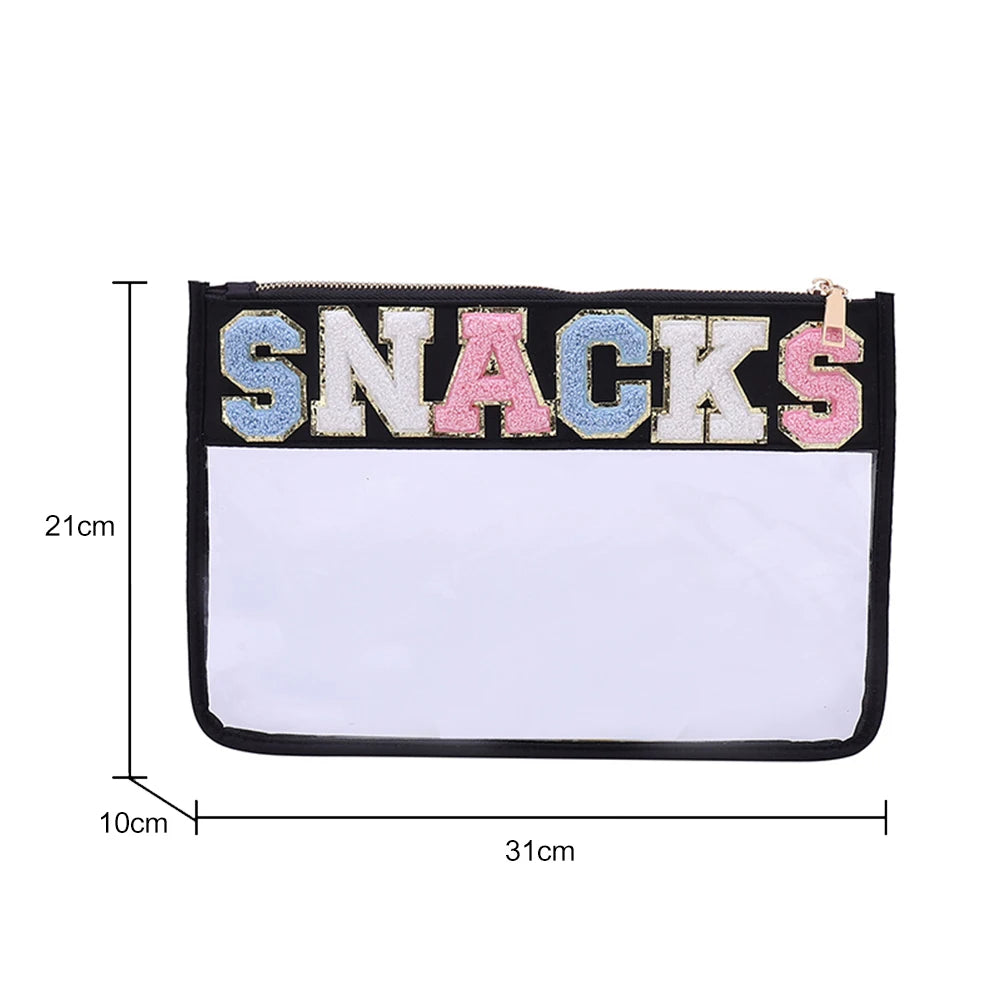 Hot Letter Patches Transparent PVC Cosmetic Bag Clutch Women Clear Travel Make up Cosmetic Bag Pouches Stuff Makeup Toiletry Bag