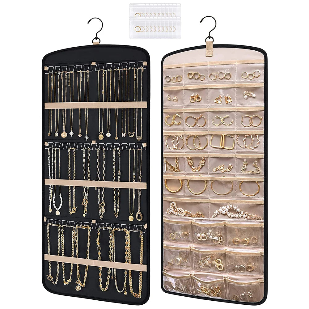 Travel Portable Wall Hanging Jewelry Organizer Necklace Holder Anti-tangle Earrings Hanger with 20 Jewelry Bags Storage Roll