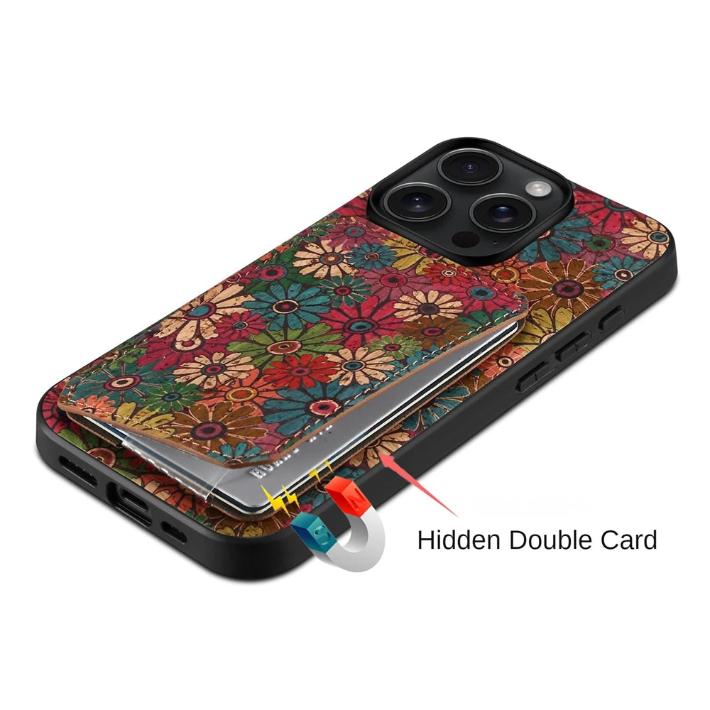 Floral Hidden Card Insert Phone Case For iPhone 15 14 13 12 11 Pro Max X XS XSMax XR Wireless Charging Shockproof Back Cover