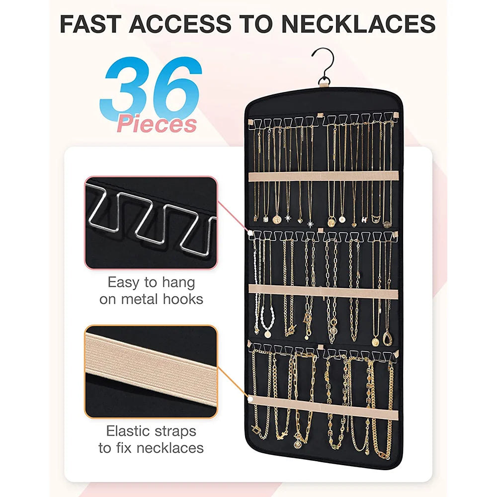 Travel Portable Wall Hanging Jewelry Organizer Necklace Holder Anti-tangle Earrings Hanger with 20 Jewelry Bags Storage Roll