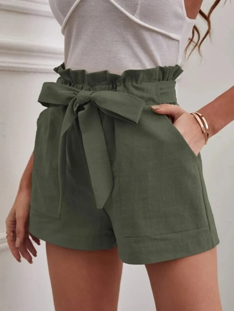 Europe and America Cross border New Summer Women's Loose Linen Casual Shorts Pockets Solid Large High Waist Wide Leg Pants