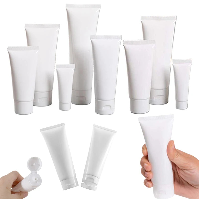 10PCS Empty 10ml-100ml White Plastic Travel Cosmetic Soft Tubes Bottles  Reusable Containers For Hand Lotion Shampoo Creams